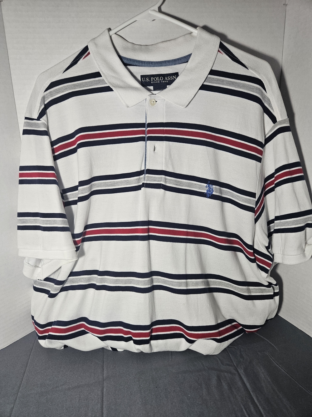 U.S. Polo Assn. White Polo with Navy & Red Stripes